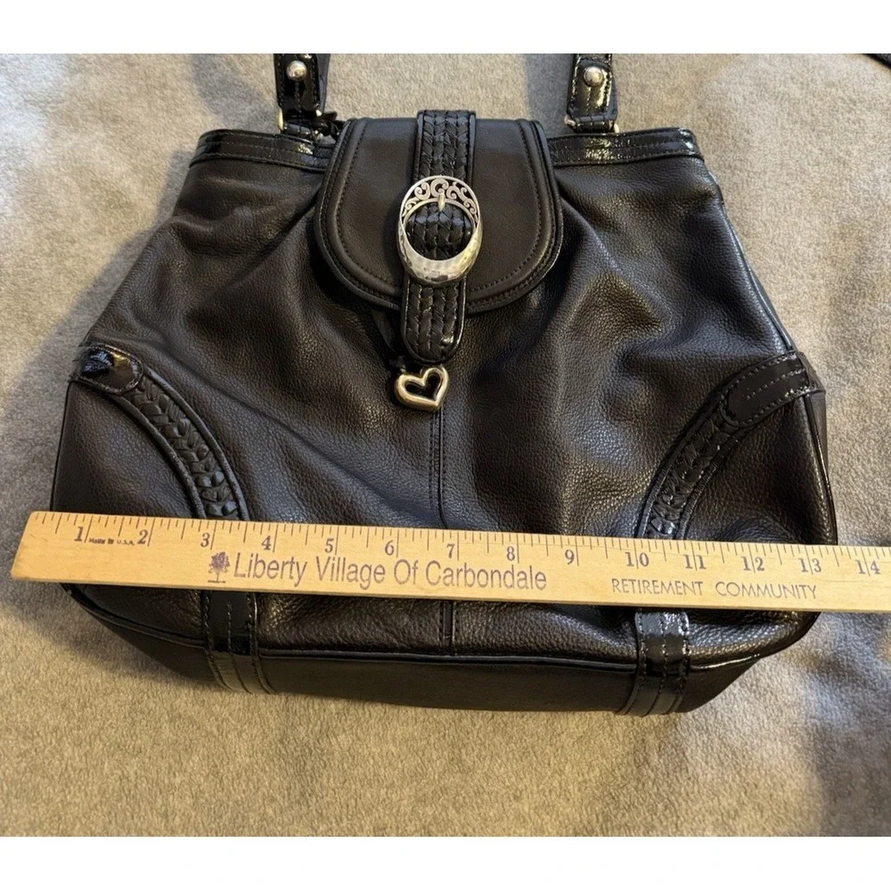 Brighton Handbag Black Leather Hobo Purse Heart Charm Shoulder Bag Silver Detail
